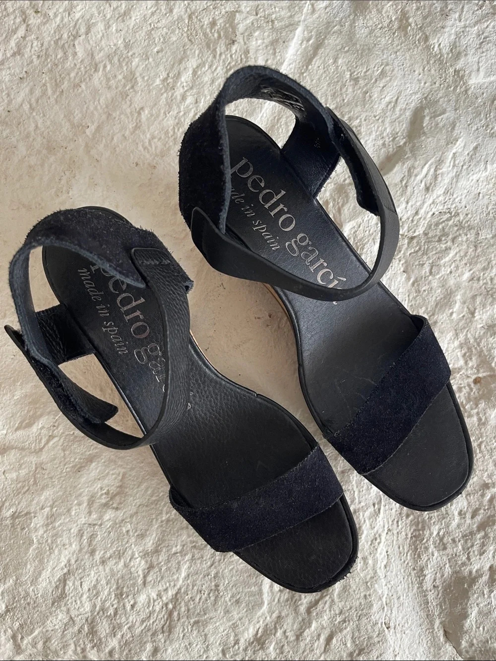 Pedro Garcia Franses Black Suede and Cork Wedge Sandal with Ankle Strap